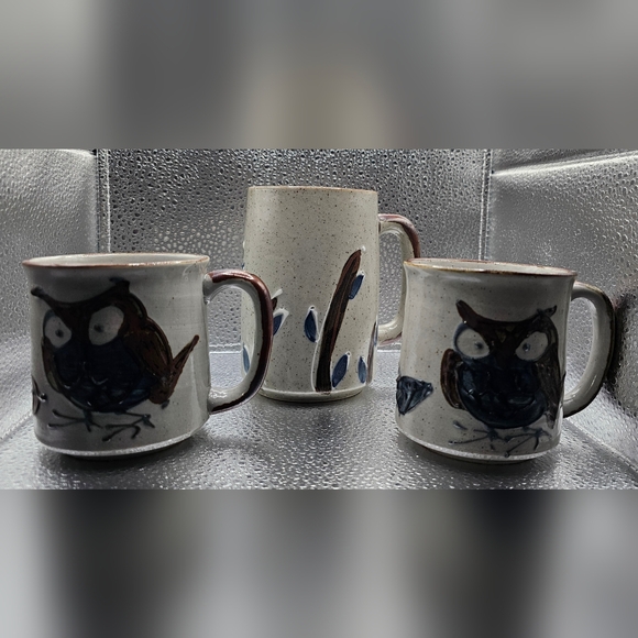 Set of 3 OMC Otagiri Tea/Coffee Cups Japan Blue Leaves and Owls - Picture 1 of 5